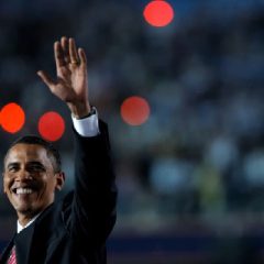 Barack Obama speaks on the field at Invesco Field in Denver during the fourth and final day of the Democratic National Convention