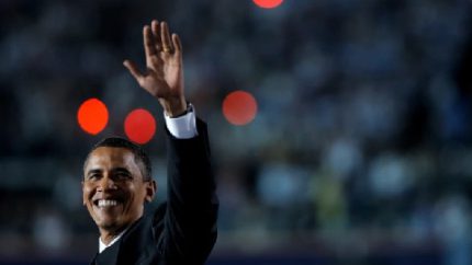 Barack Obama speaks on the field at Invesco Field in Denver during the fourth and final day of the Democratic National Convention