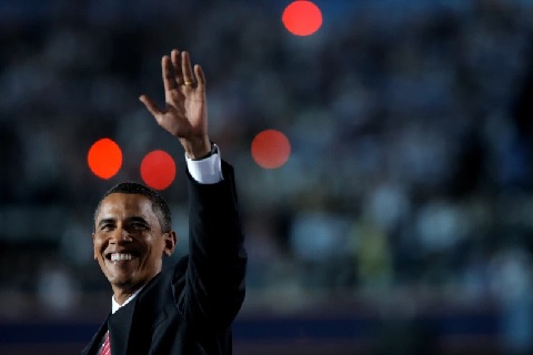 Barack Obama speaks on the field at Invesco Field in Denver during the fourth and final day of the Democratic National Convention