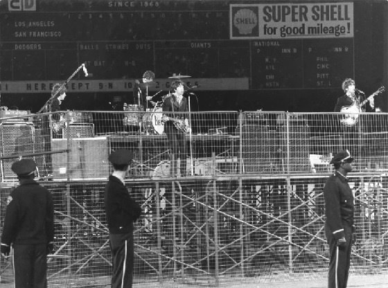 The Beatles perform at Candlestick Park in San Francisco.