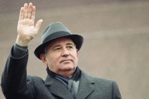 Soviet President Mikhail Gorbachev waves from the Red Square 1989