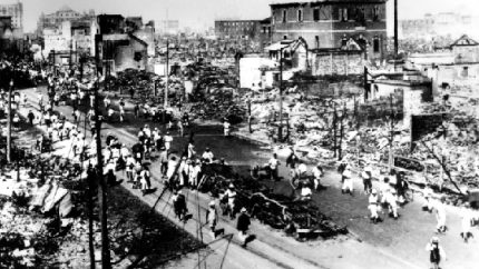 Nihonbashi district, in Tokyo, in ruins after a major earthquake struck near the Japanese capital.