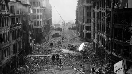 Air raid damage scene on King William Street, in the City of London