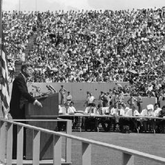 President John F. Kennedy delivers an address to approximately 50,000 people at Rice University about going to the moon