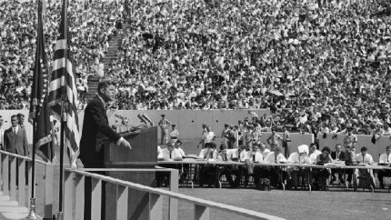 President John F. Kennedy delivers an address to approximately 50,000 people at Rice University about going to the moon