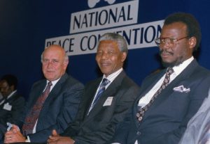 F W de Klerk, Nelson Mandela and Zulu Inkatha at a peace conference