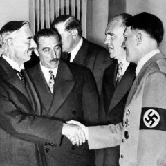 Adolf Hitler and England’s Prime Minister Neville Chamberlain in Munich to sign Munich agreement