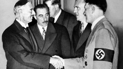 Adolf Hitler and England’s Prime Minister Neville Chamberlain in Munich to sign Munich agreement