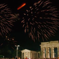 Fireworks illuminate the Brandenburg Gate in Berlin at the reunification of East and West Germany (AP Photo-Michel Euler)