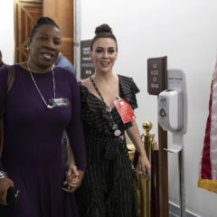 Tarana Burke, a founder and leader of the #MeToo movement, and Actress Alyssa Milano (AP Photo-Carolyn Kaster)