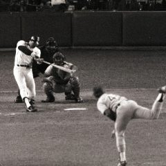 Reggie Jackson hits the first of his three home runs in the fourth inning of Game 6 of the 1977 World Series (AP Photo)