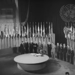 Norwegian Ambassador to the United States Wilhelm Munthe Morgenstierne signs the UN Charter at a ceremony held in San Francisco on 26 June 1945