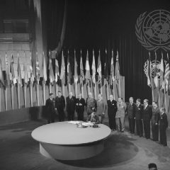 Norwegian Ambassador to the United States Wilhelm Munthe Morgenstierne signs the UN Charter at a ceremony held in San Francisco on 26 June 1945