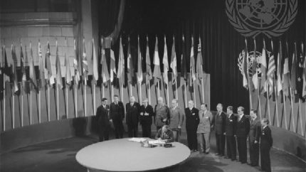 Norwegian Ambassador to the United States Wilhelm Munthe Morgenstierne signs the UN Charter at a ceremony held in San Francisco on 26 June 1945