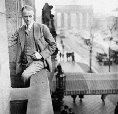 1931 photo of novelist Sinclair Lewis, perched on a balcony of his room overlooking Unter Den Linden (AP Photo)