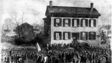 Supporters gather at the home of President-Elect Abraham Lincoln in Springfield, Illinois, on the morning after the election, 1860 (AP Photo)