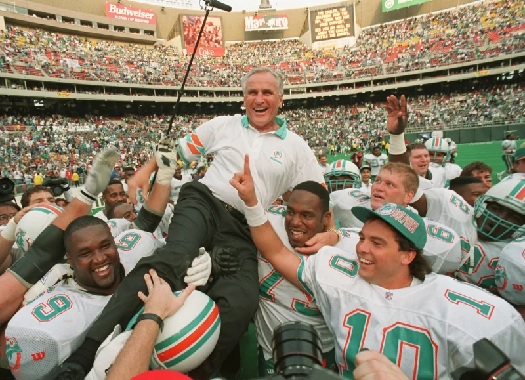 Dolphins coach Don Shula is carried on his team’s shoulders after his 325th victory in Philadelphia. (AP Photo- George Widman)