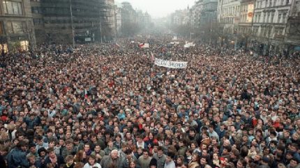 About 200,000 people gather in Wenceslas Square, Prague, Czechoslovakia during the Velvet Revolution (AP Photo-Peter Dejong, File)