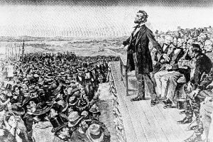 President Abraham Lincoln makes his Gettysburg Address at the dedication of the Gettysburg National Cemetery on the battlefield at Gettysburg, Pennsylvania (AP Photo)