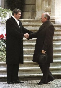 President Ronald Reagan and Soviet leader Mikhail Gorbachev meet for the first time at the villa Fleur D’Eau at Versoix near Geneva (AP Photo-Scott Stewart, File)