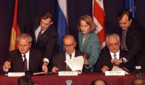 In 1995, Balkan leaders meeting in Dayton, Ohio, initialed a peace plan to end three and a half years of ethnic fighting in Bosnia-Herzegovina