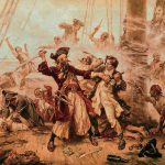 Capture of the Pirate, Blackbeard, 1718 depicting the battle between Blackbeard the Pirate and Lieutenant Maynard in Ocracoke Bay