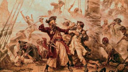 Capture of the Pirate, Blackbeard, 1718 depicting the battle between Blackbeard the Pirate and Lieutenant Maynard in Ocracoke Bay