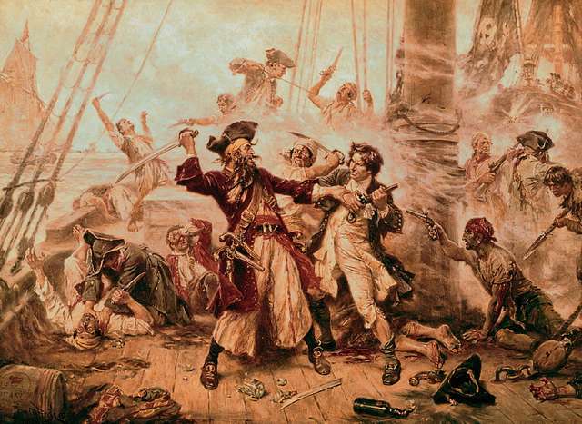 Capture of the Pirate, Blackbeard, 1718 depicting the battle between Blackbeard the Pirate and Lieutenant Maynard in Ocracoke Bay