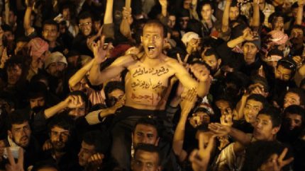 A protestor celebrates with others for the signing by Yemeni President Ali Abdullah Saleh of a document agreeing to step down (AP Photo-Hani Mohammed)