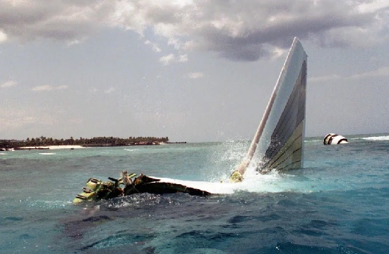 The tail of the hijacked Ethopian Airways jet protrudes from the ocean floor off the northern coast of the Comoros Islands (AP Photo-Cobus Bodenstein)