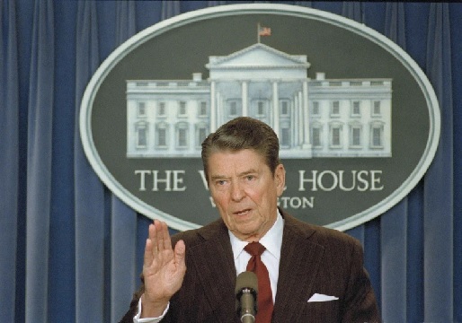 President Reagan wants no more questions at a news conference about the mounting controversy over his decision to sell arms to Iran (AP Photo-Bob Dougherty)