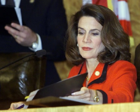 Florida Secretary of State Katherine Harris certifies the state’s 2000 election after the recount vote was stopped by the Supreme Court (AP Photo-Beth A Keiser)