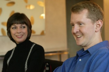 Ken Jennings, the record holder for the most money ever won on a television game show, is joined by Nancy Zerg, who defeated Jennings (AP Photo - Mary Altaffer)