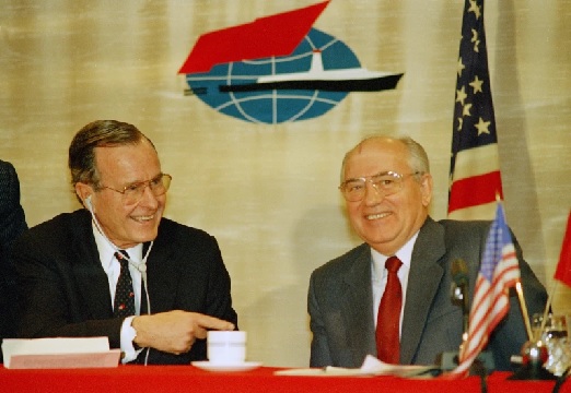 President George Bush and Soviet President Gorbachev during their news conference aboard the Maxim Gorky docked in Marsaxlokk Bay, Malta (AP Photo - Yurchenko)