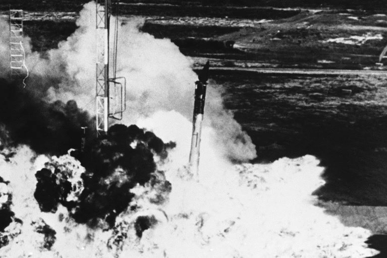 Collapse of the TV-3 Vanguard launching vehicle in Cape Canaveral after rising only a few feet from its launching pad (AP Photo)