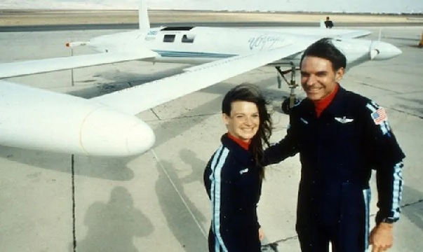 Dick Rutan and co-pilot Jeana Yeager in front of the Voyager aircraft