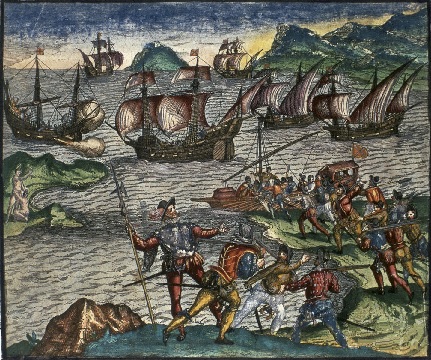 Estácio de Sá and the Portuguese fleet entering Guanabara Bay in Rio de Janeiro (colored engraving by Theodore de Bry 1595)