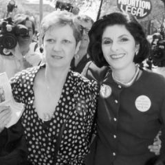 Norma McCorvey, who was Jane Roe in the 1973 Roe v Wade case, with attorney, Gloria Allred, outside the Supreme Court in April 1989 (Photo via the Associated Press)