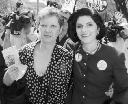 Norma McCorvey, who was Jane Roe in the 1973 Roe v Wade case, with attorney, Gloria Allred, outside the Supreme Court in April 1989 (Photo via the Associated Press)